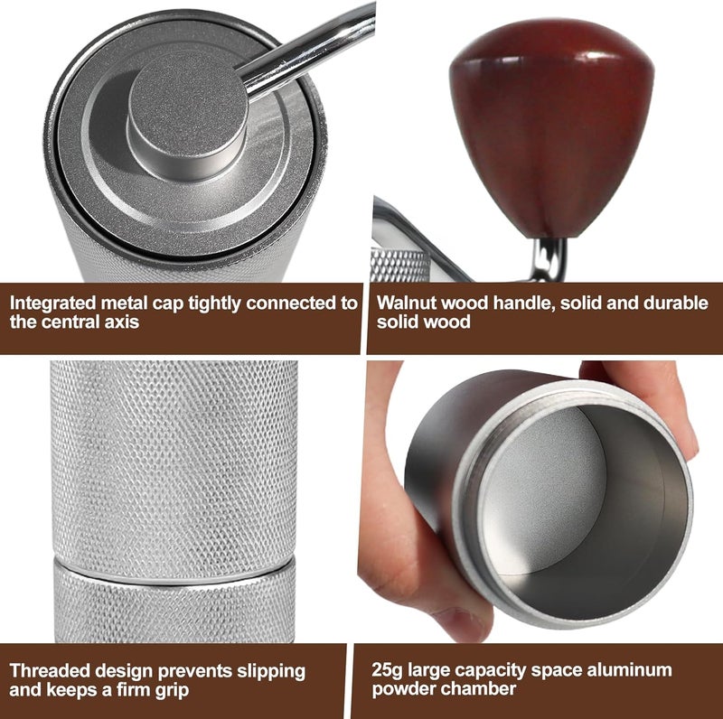 DITOSH Manual Coffee Grinder Detachable Stainless Steel Conical Burr Aluminum Coffee Bean Grinder with 25 Grinding Settings Cleaning Brush Grindable Espresso Moka Pot French Press for Camping Silver - Image 5